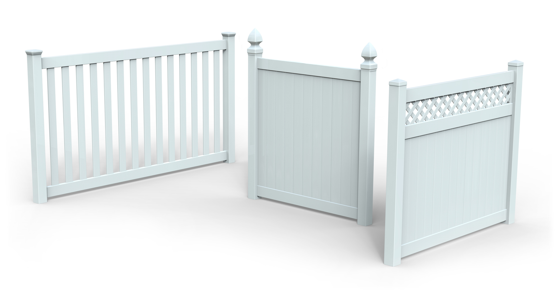 different styles of Vinyl fence we install isolated on white