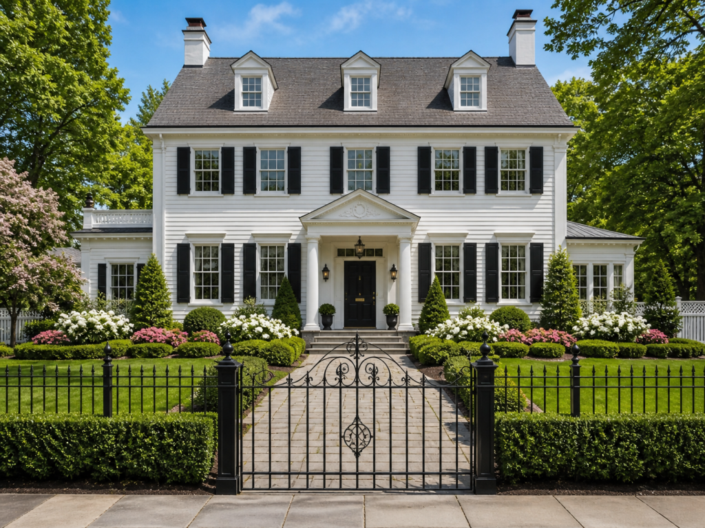 White two-story colonial house with black shutters, manicured garden, and wrought-iron gate on a sunny day