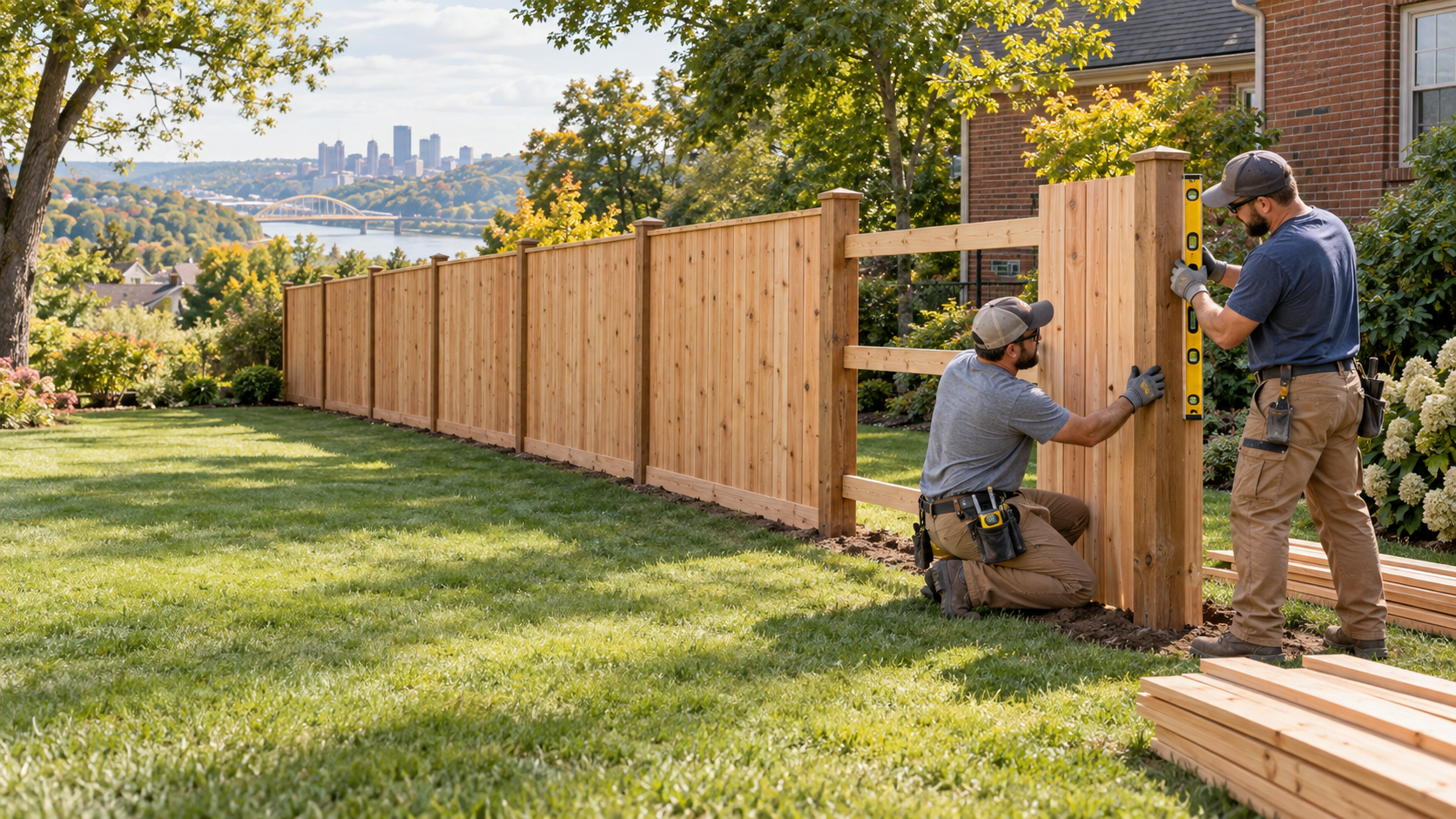 fence installation professionals working on installing a cedar fence with a level